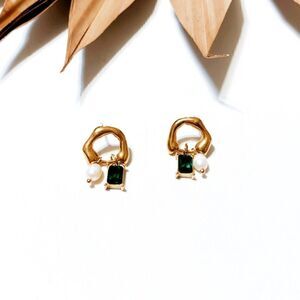 Anthropologie Gold, Emerald Green & Pearl Drop Earrings